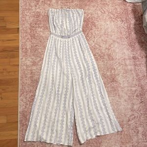Blue & white strapless jumpsuit